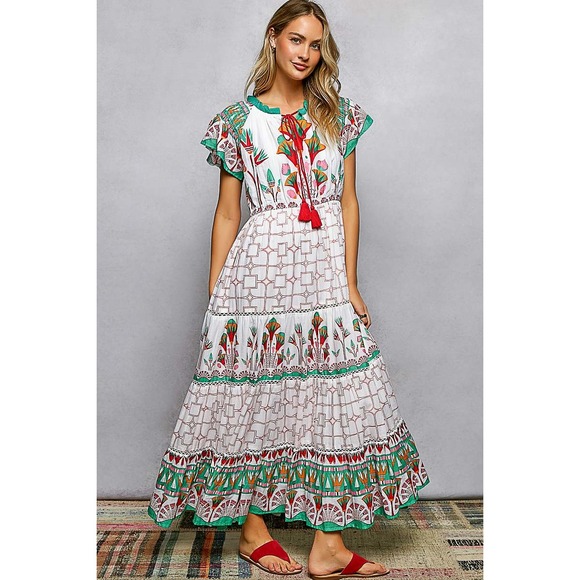 POL Hand Block Printed Cotton Tiered Midi Dress Flutter Sleeve Floral MEDIUM - Picture 5 of 8